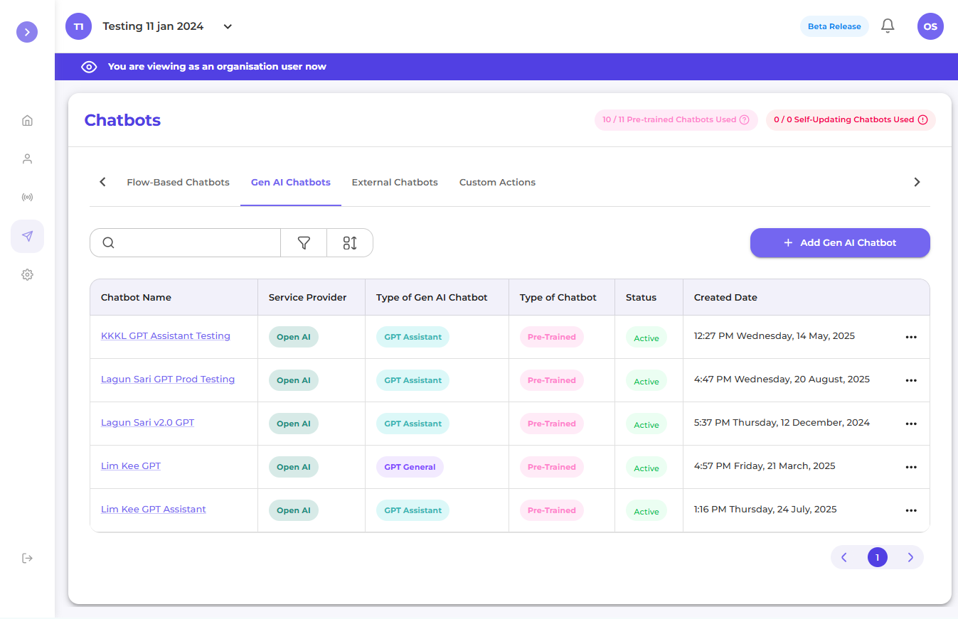 Gen AI GPT chatbot page for Engages AI client for automated self-updated chatbots